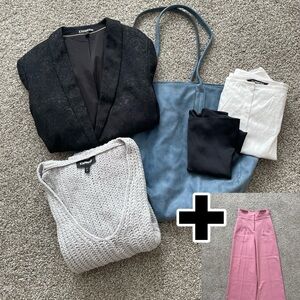Bundle 6 in 1! Bag, white bodysuit, blazer, black top, pink pants, grey sweater